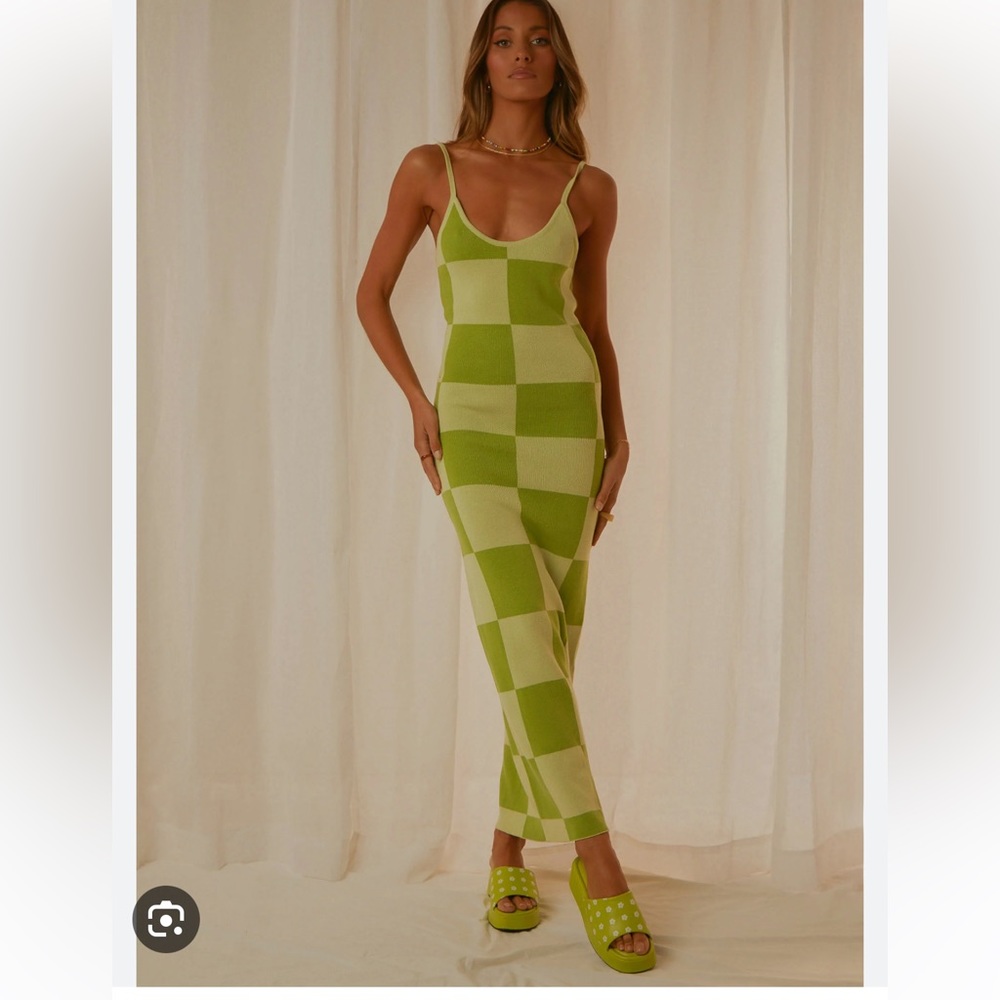 Peppermayo- Cali Sweetheart Knit Maxi Dress - Green Checkers Size:S/M